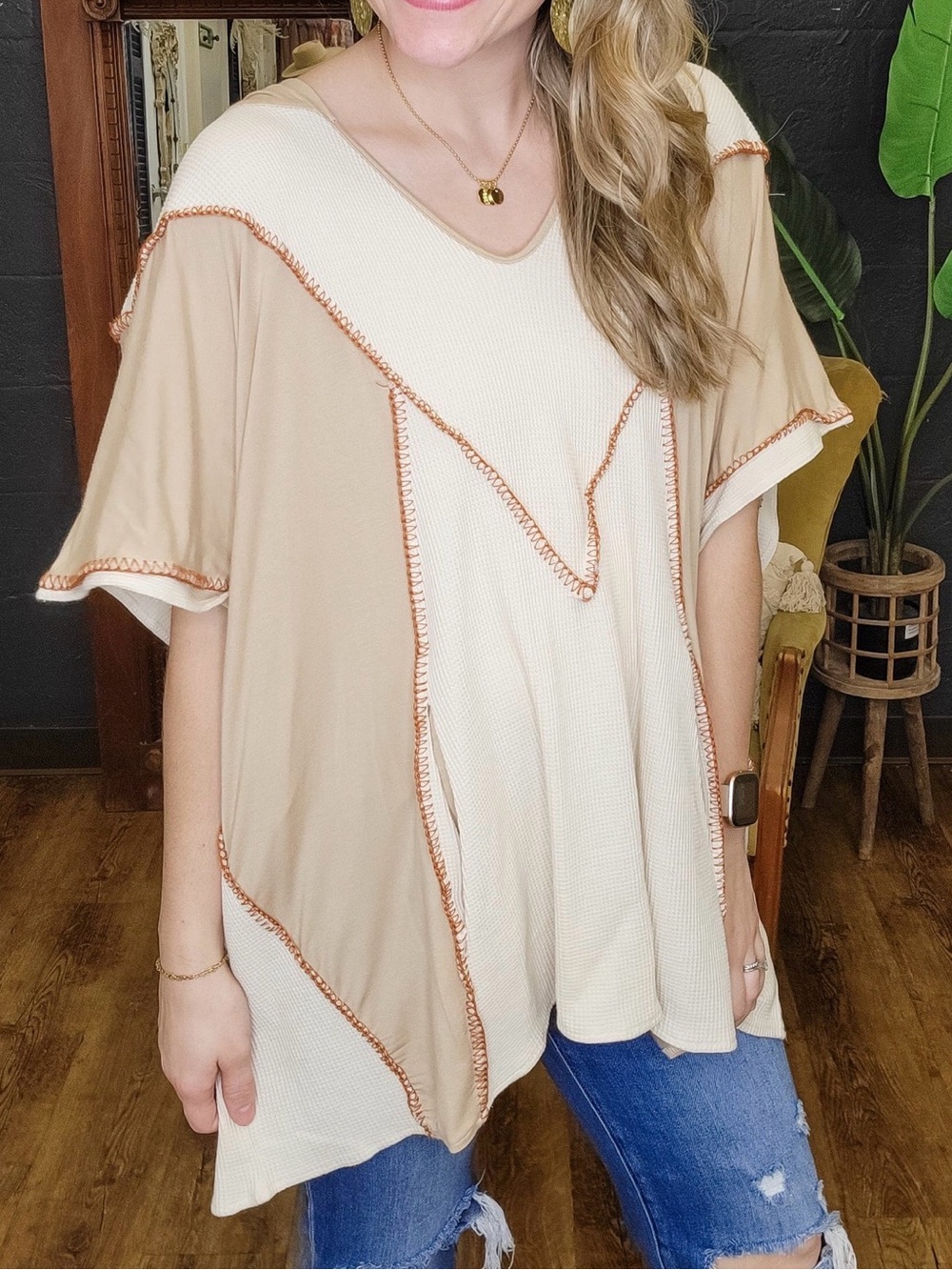 NEW POL Desert Sunsets Poncho Relaxed Two-Tone Waffle & Knit Tunic Top M